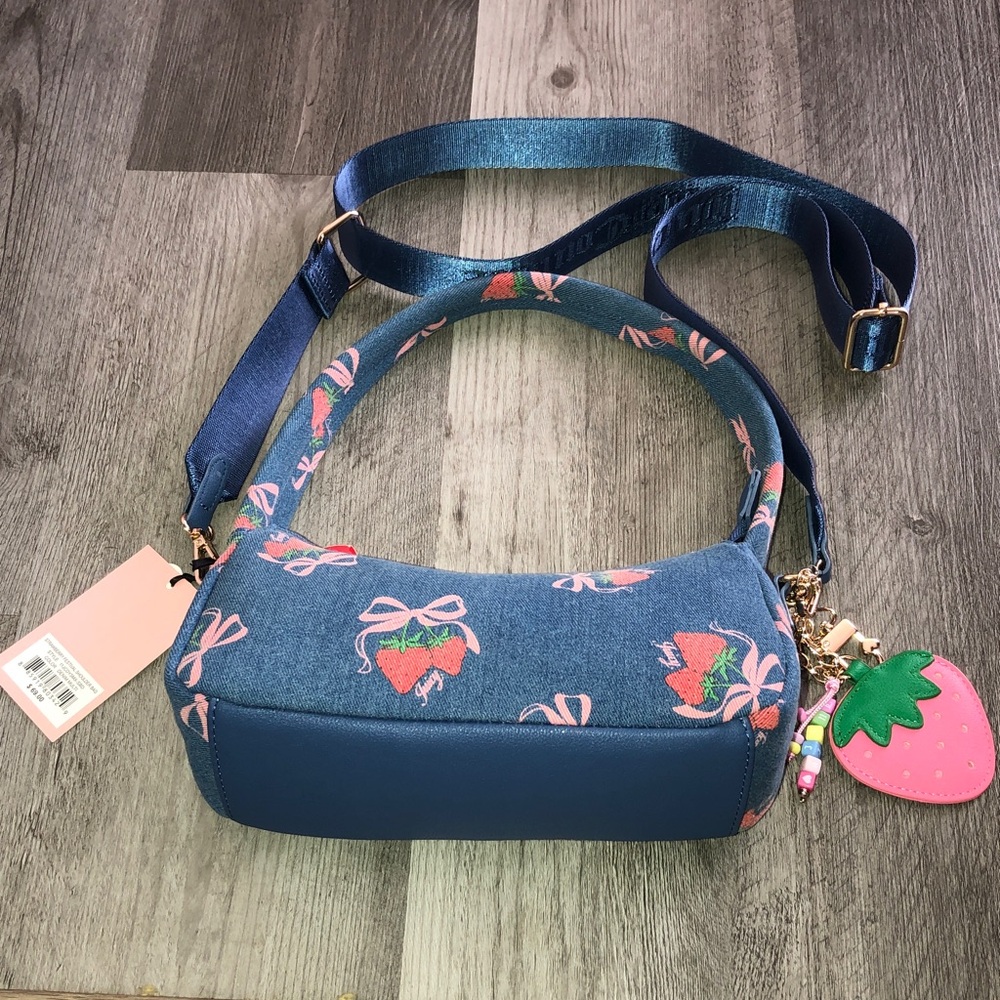 Juicy Couture Denim Multi Strawberry Festival Shoulder Bag + Strap & Charm NWT